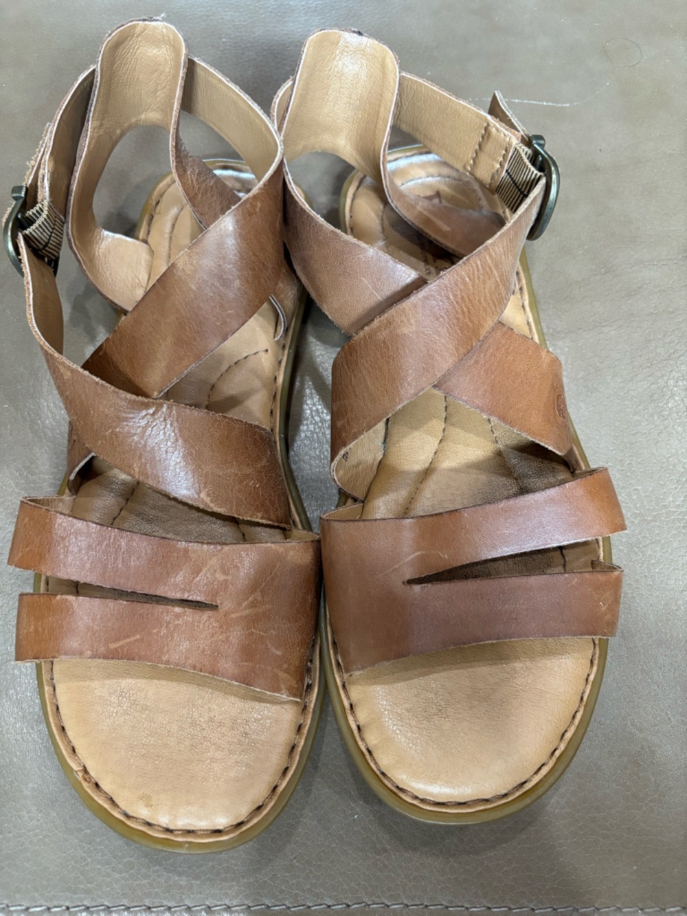 Born Tan Leather Crisscross comfortable cushioned strappy Sandals - Picture 2 of 7